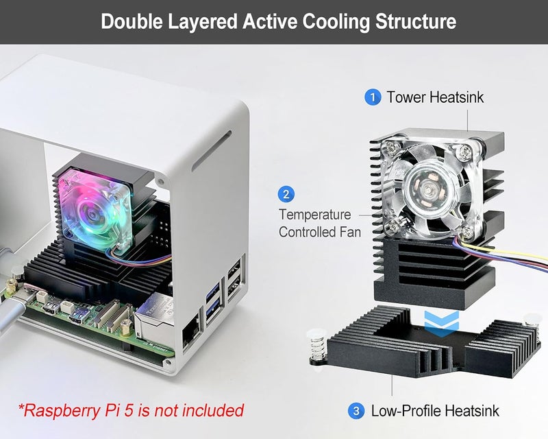 ElectroCookie Raspberry Pi 5 Case, Aluminum Mini Tower Case with Cooling Fan and Color Changing Ambient Light (Silver) - Image 2
